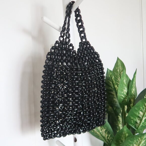 Handmade Black Wooden Beaded Tote Shoulder Bag Vintage Boho - Picture 5 of 10